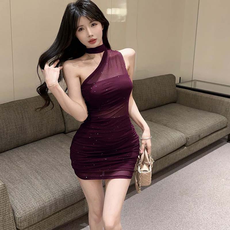 辣妹紫色镂空挂脖斜肩连衣裙女