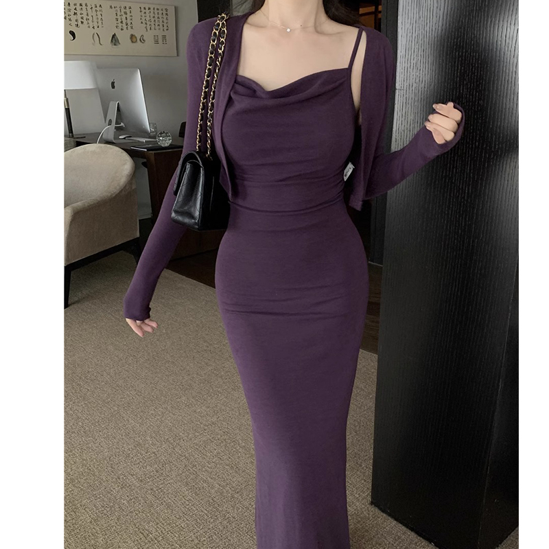 辣妹紫色荡领吊带两件套连衣裙女