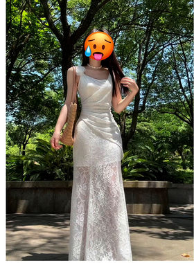 法式白色蕾丝吊带高级连衣裙女