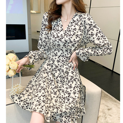 法式雪纺碎花长袖连衣裙女