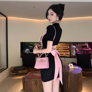 新中式 国风改良旗袍连衣裙女绑带露背镂空高级感小众气质包臀短裙