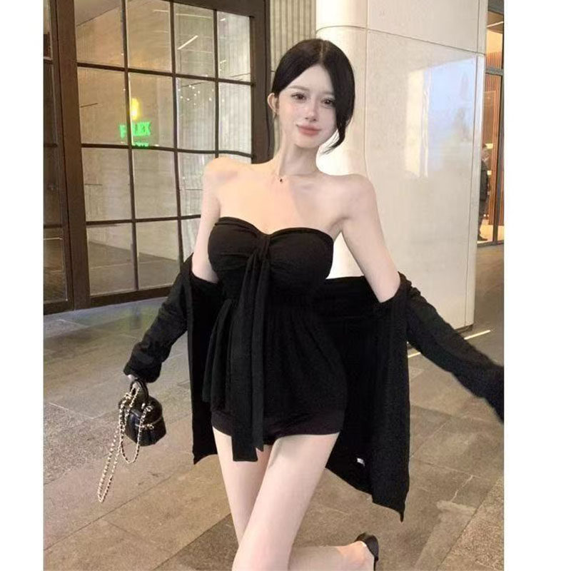 纯欲辣妹一字肩性感显胸绑带褶皱内搭背心上衣防晒长袖开衫套装女