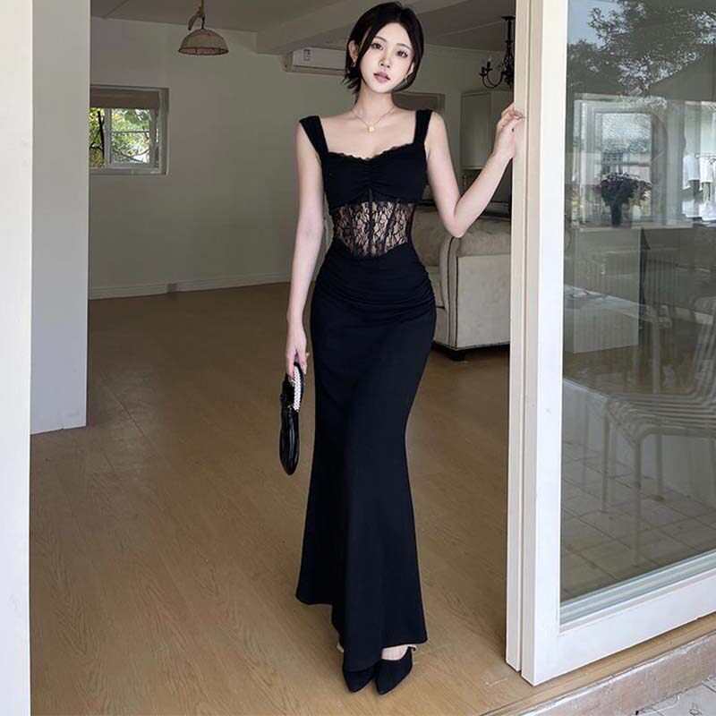 法式性感黑色蕾丝吊带连衣裙女夏季新款气质收腰高级包臀礼服长裙