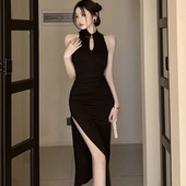新款 新中式 挂脖改良旗袍连衣裙女夏季 御姐性感开叉独特包臀长裙子