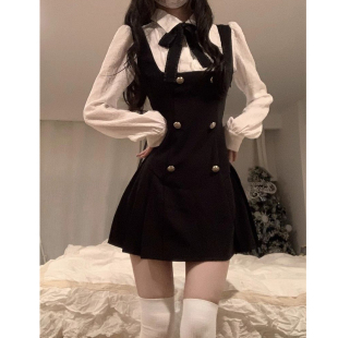 法式 收腰气质背带短裙 学院风设计假两件黑色连衣裙女2024春秋新款