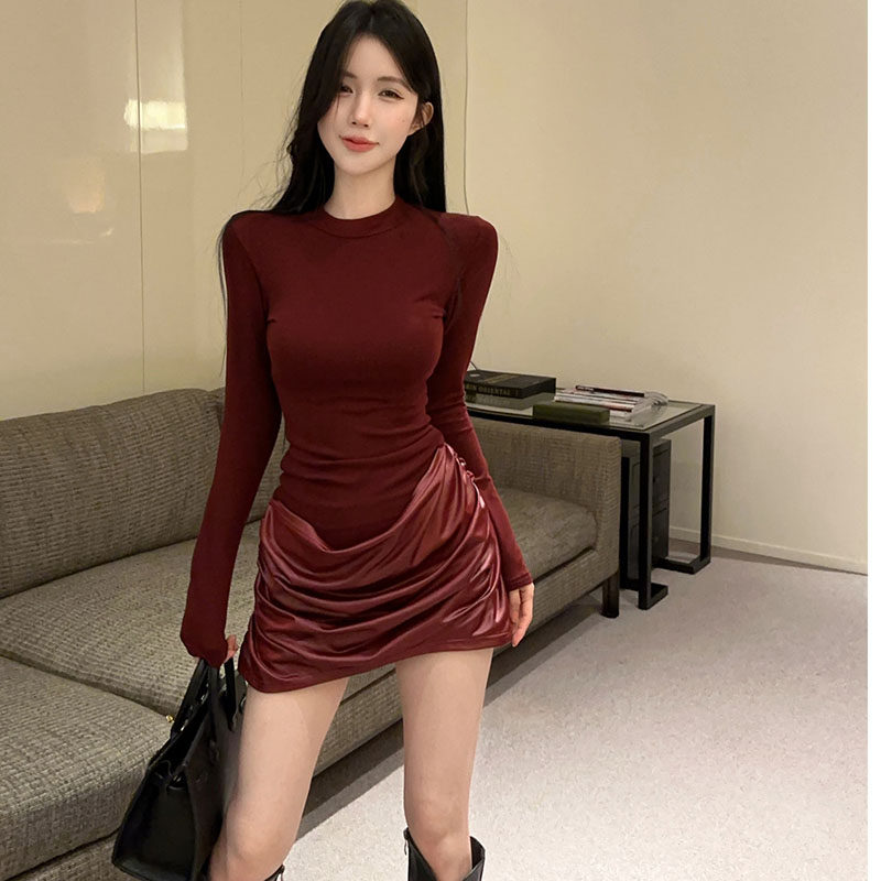 辣妹圣诞新年穿搭打底红色连衣裙女春秋新款气质收腰性感包臀短裙