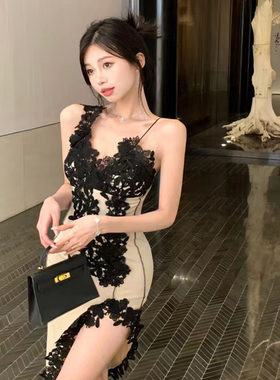 辣妹高级低胸蕾丝吊带连衣裙女