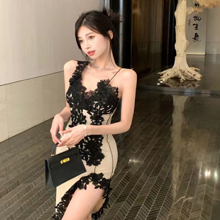 辣妹高级低胸蕾丝吊带连衣裙女2024夏季 收腰气质开叉鱼尾包臀长裙