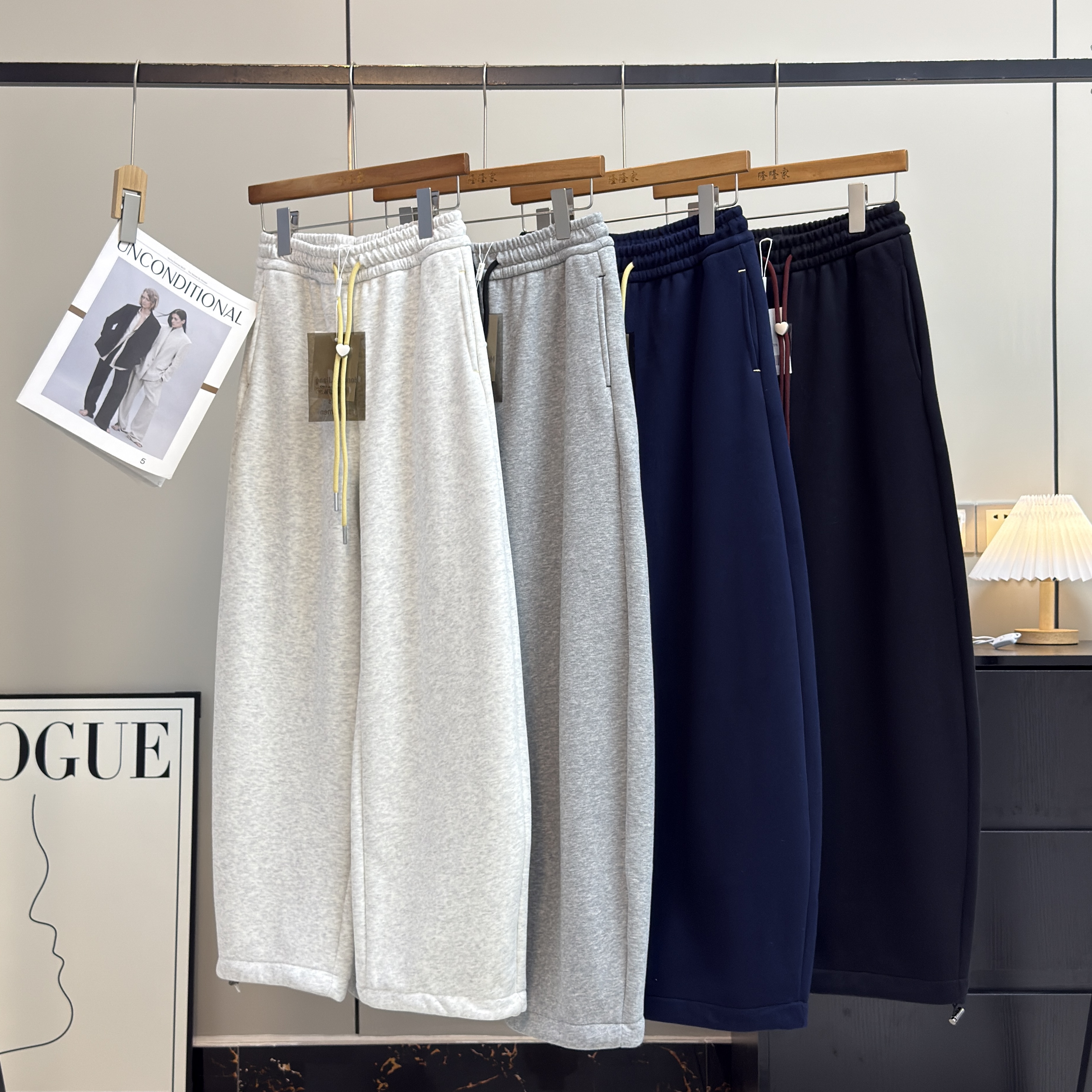 大厂订单！简约松紧高腰抽绳加厚奥粒绒两穿可束脚卫裤阔腿休闲裤