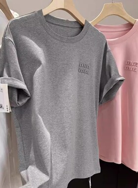 mのu系牛货！新疆棉~极简基础款立体刺绣宽松百搭圆领短袖T恤上衣