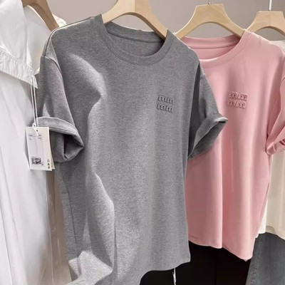 mのu系牛货！新疆棉~极简基础款立体刺绣宽松百搭圆领短袖T恤上衣