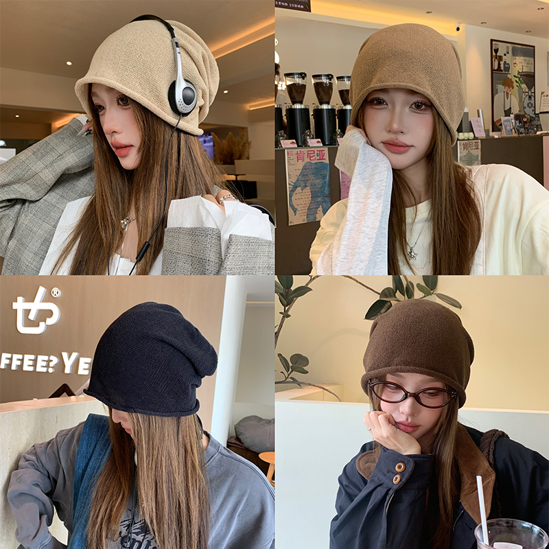 卷边针织堆堆帽 纯色薄款春秋冬冷淡风极简酷大头围冷帽子
