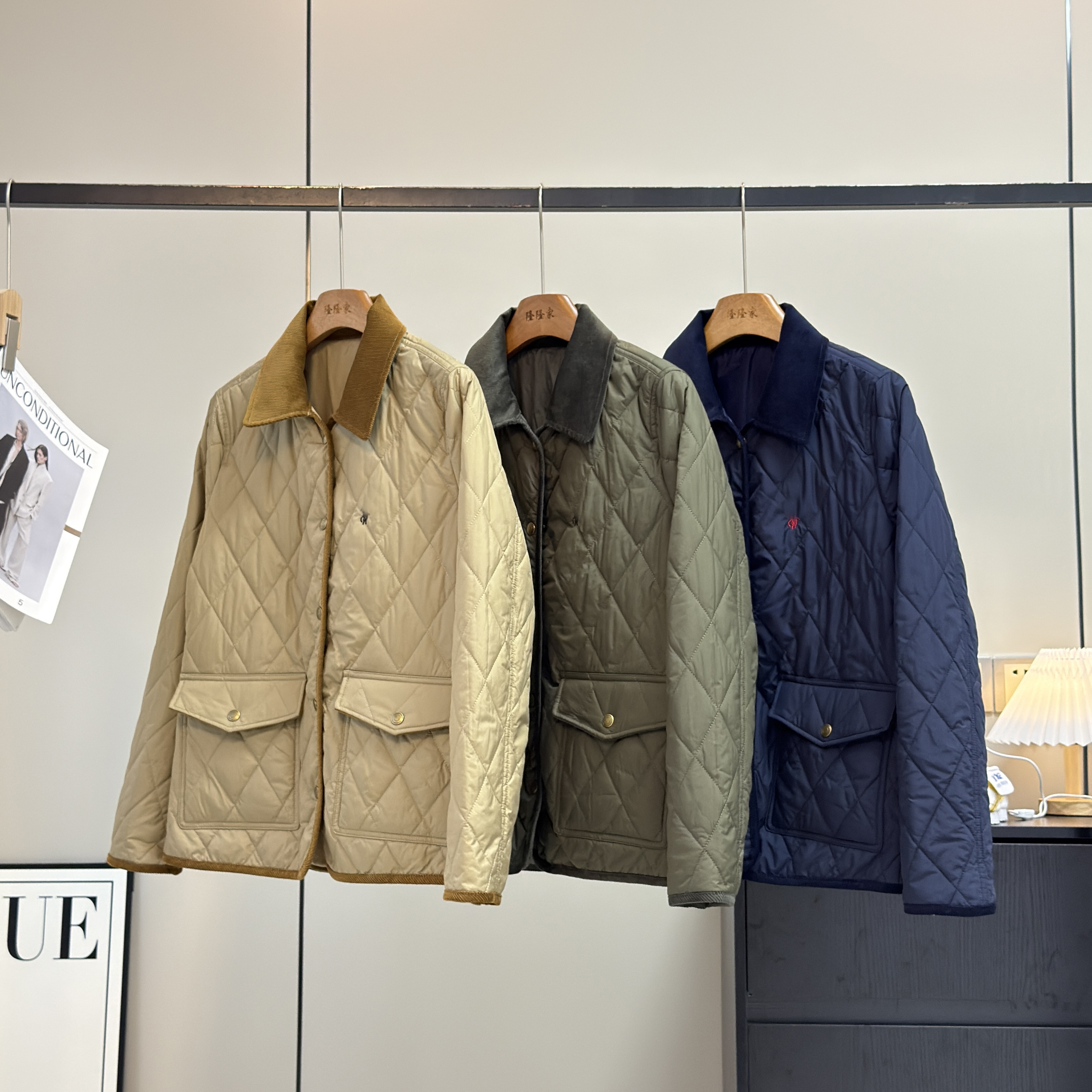 渠道货！老钱风美式小马刺绣菱格棉服灯芯绒翻领轻便夹克棉衣外套