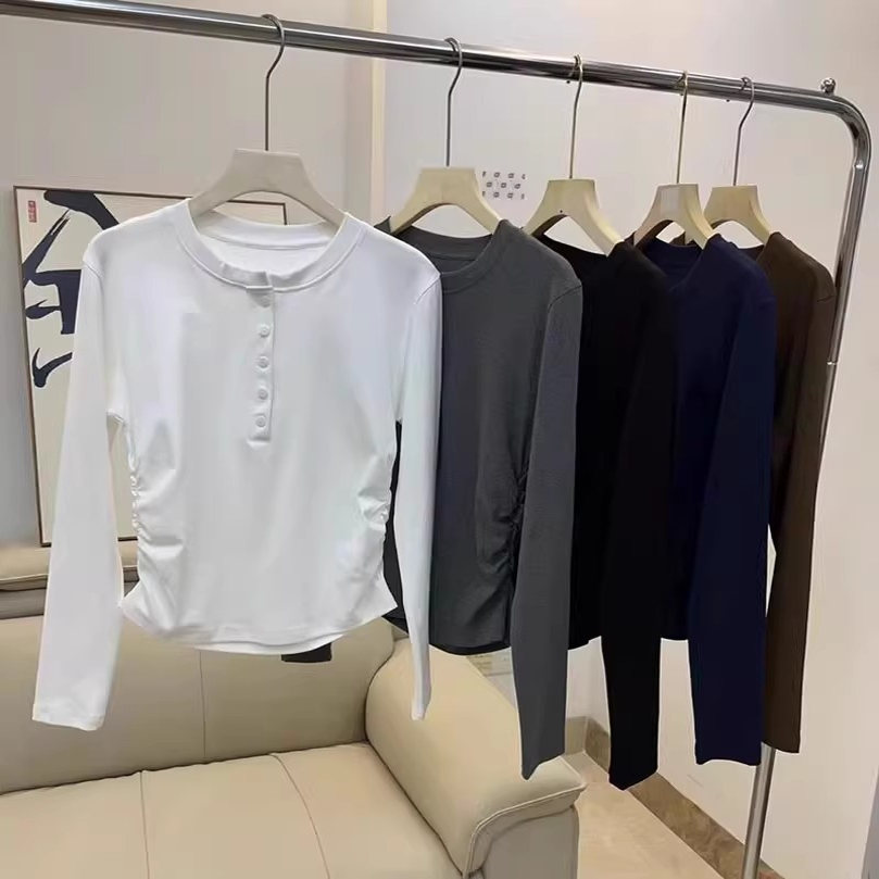 LU同款！2025春季美式短款侧边褶皱纽扣半开襟圆领长袖打底T恤女