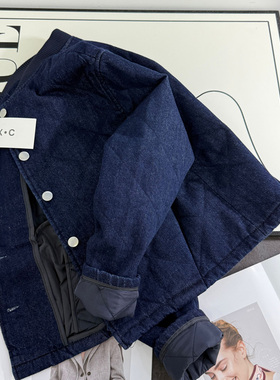 西班牙风格~Z系の木巨429~宽松水洗牛仔棉服菱格绗缝夹棉外套棉衣