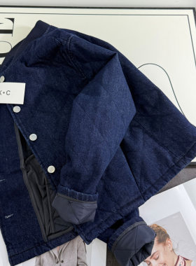 宽松牛仔棉服菱格绗缝夹棉外套