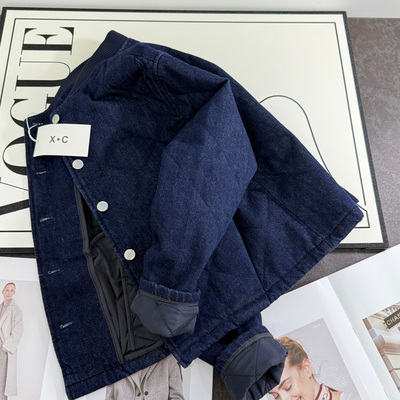 宽松牛仔棉服菱格绗缝夹棉外套