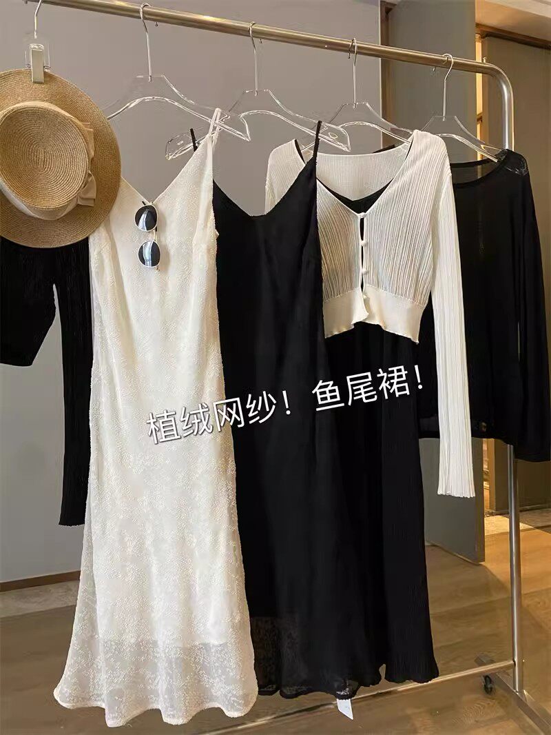唯美女主角！植绒网纱の优雅气质垂坠吊带裙羔级感轻奢鱼尾连衣裙