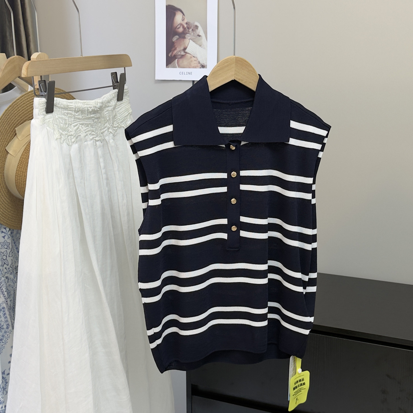 篙端质感！醋酸+绵~凉感透气垂感撞色条纹POLO翻领无袖针织衫背心