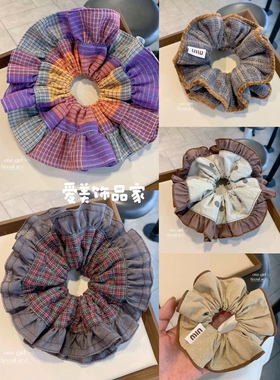 爱美饰品家韩系格纹褶皱花边双层发圈高级感小众扎发头绳肠圈女款