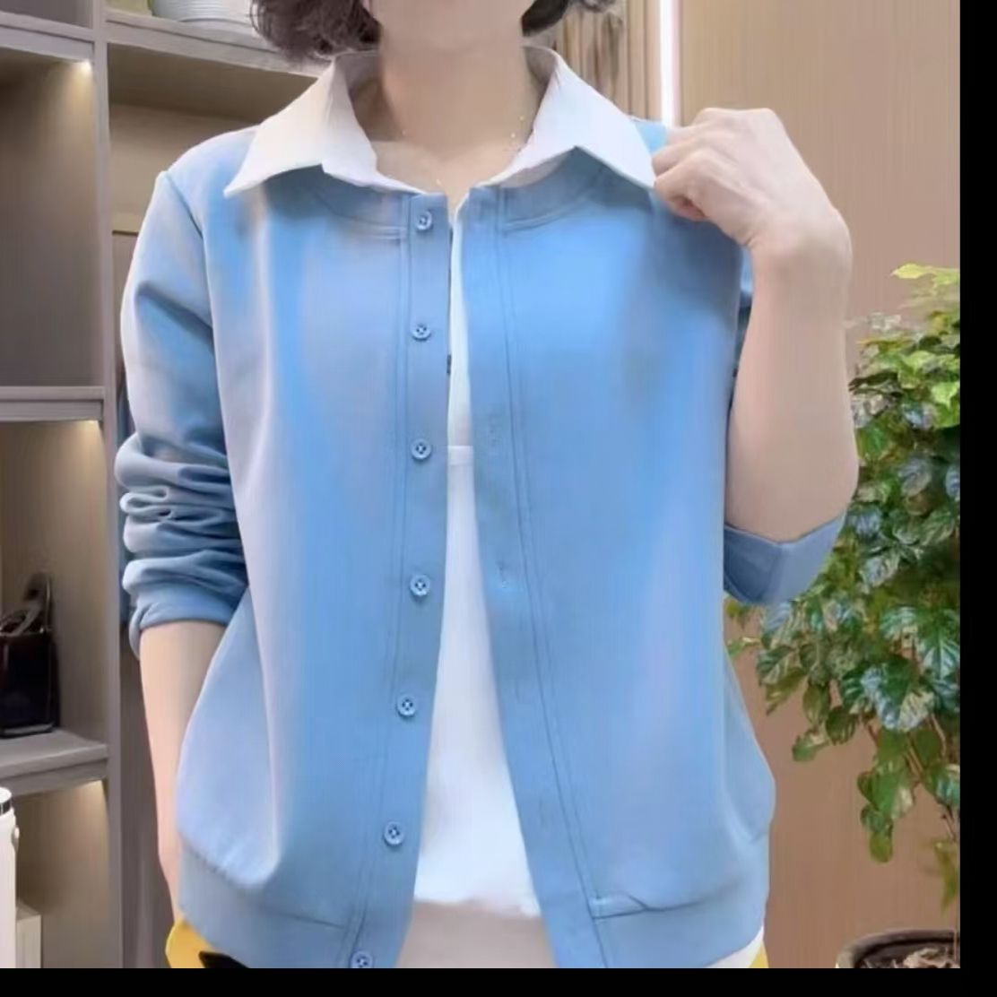 时尚妈妈装长袖假两件外套女2025春秋新款百搭休闲纯色翻领棉上衣