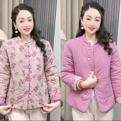 新中式国风棉衣冬季新款时尚减龄印花两面穿百搭夹棉保暖小棉袄女