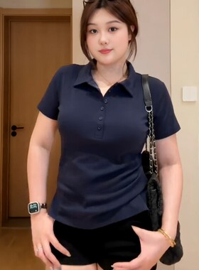 大尺码女装POLO领灰色掐腰正肩短袖t恤夏季新款胖mm显瘦开叉小上