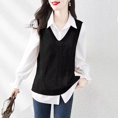 2023新款初春夏镂空马甲薄款外穿撞色翻领衬衫套装针织背心针织衫