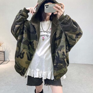 美式新款气质迷彩风连帽短外套女宽松拉链棉衣百搭休闲棉服ins风