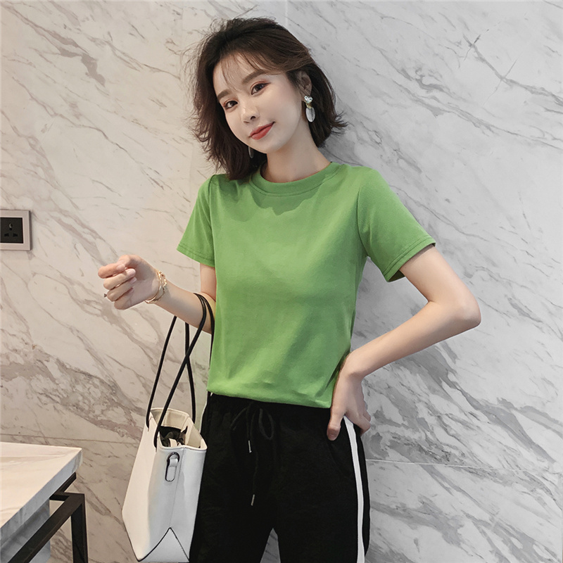 牛油果绿t恤网红短袖女2019新款潮ins超火夏装纯棉修身短款上衣服满79.00元可用49.1元优惠券