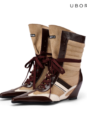 UBORYA设计师原创 美式巴恩尖头复古barn风拼色坡跟时装短靴女