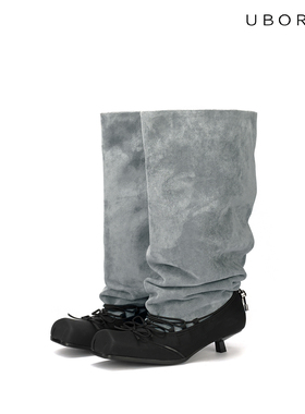UBORYA设计师原创灰色拼色方头麂皮绒复古低跟舒适绑带芭蕾堆堆靴
