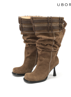 UBORYA原创牛仔裤街头辣妹百搭牛反绒麂皮都市游牧风圆头高跟靴女
