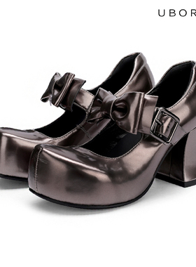 UBORYA设计师原创/漫画少女拿铁银蝴蝶结小众女款玛丽珍增高单鞋