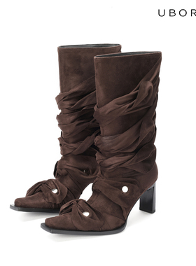 《鹦鹉梨严选》4176-9中筒靴女麂皮绒美拉德蝴蝶结欧美街头辣妹靴