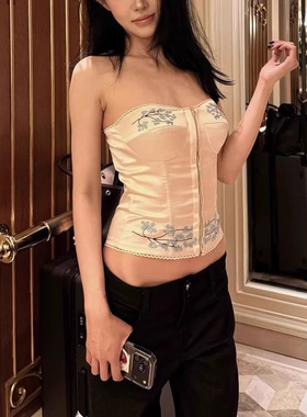 禧嘤 刺绣白色短款抹胸背心女性感辣妹外穿修身鱼骨上衣