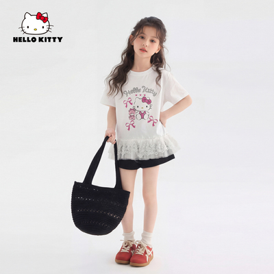 女童蕾丝拼接短袖T恤2026新款小女孩上衣HelloKitty凯蒂猫儿童装