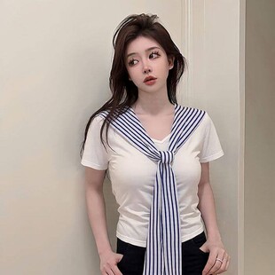 正肩V领修身 T恤女夏季 显瘦打底上衣女潮 jk白色海军领短袖 2026新款