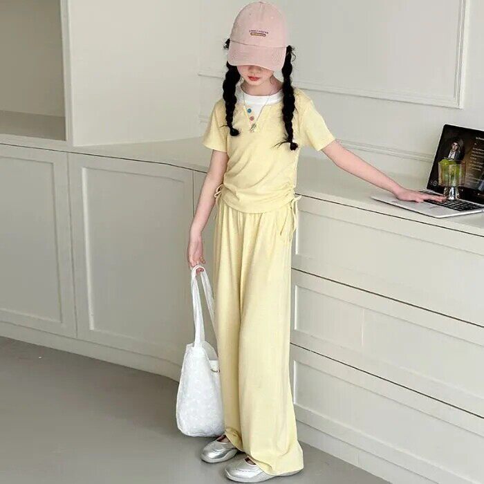 人棉莫代尔女童休闲套装夏季儿童假两件短袖多巴胺运动服两件套