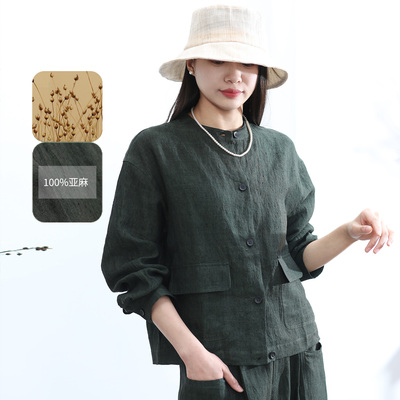 设计师款100%亚麻女文艺短外套