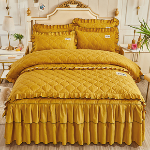 全棉纯棉全套夹棉床裙四件套被套纯色床笠款 简约床上用品裸睡床罩