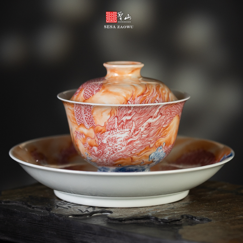 粉彩礬紅金銀錯龍吐珠蓋碗套組