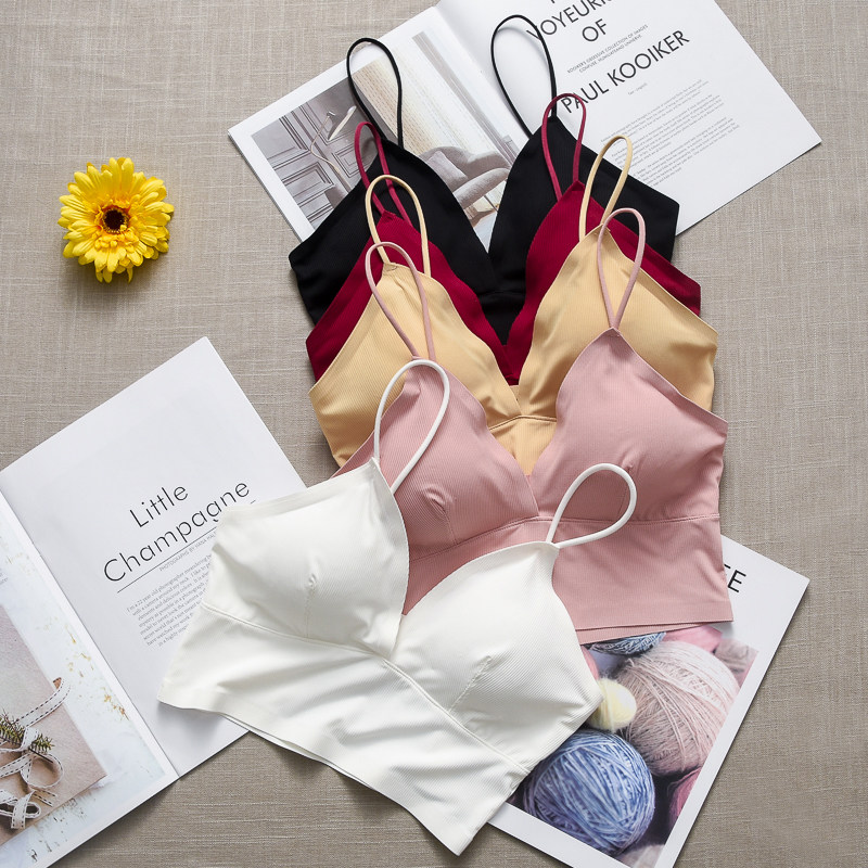 少女性感无钢圈深v内衣 细肩带中长款吊带背心带胸垫裹胸抹胸打底