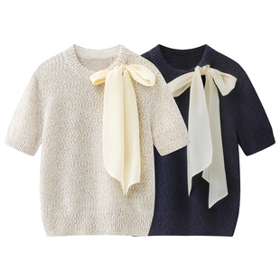 2026春季设计师款时尚小众女装简约时尚硬纱蝴蝶结饰针织短袖上衣