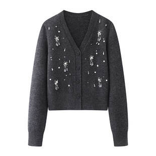 V领钉珠针织开衫 2026春季 女装 轻奢风时尚 毛衣外套上衣女 设计师款