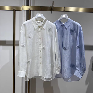 2026春季设计师高定女装休闲百搭翻领宽松蓝色花朵刺绣衬衫上衣女