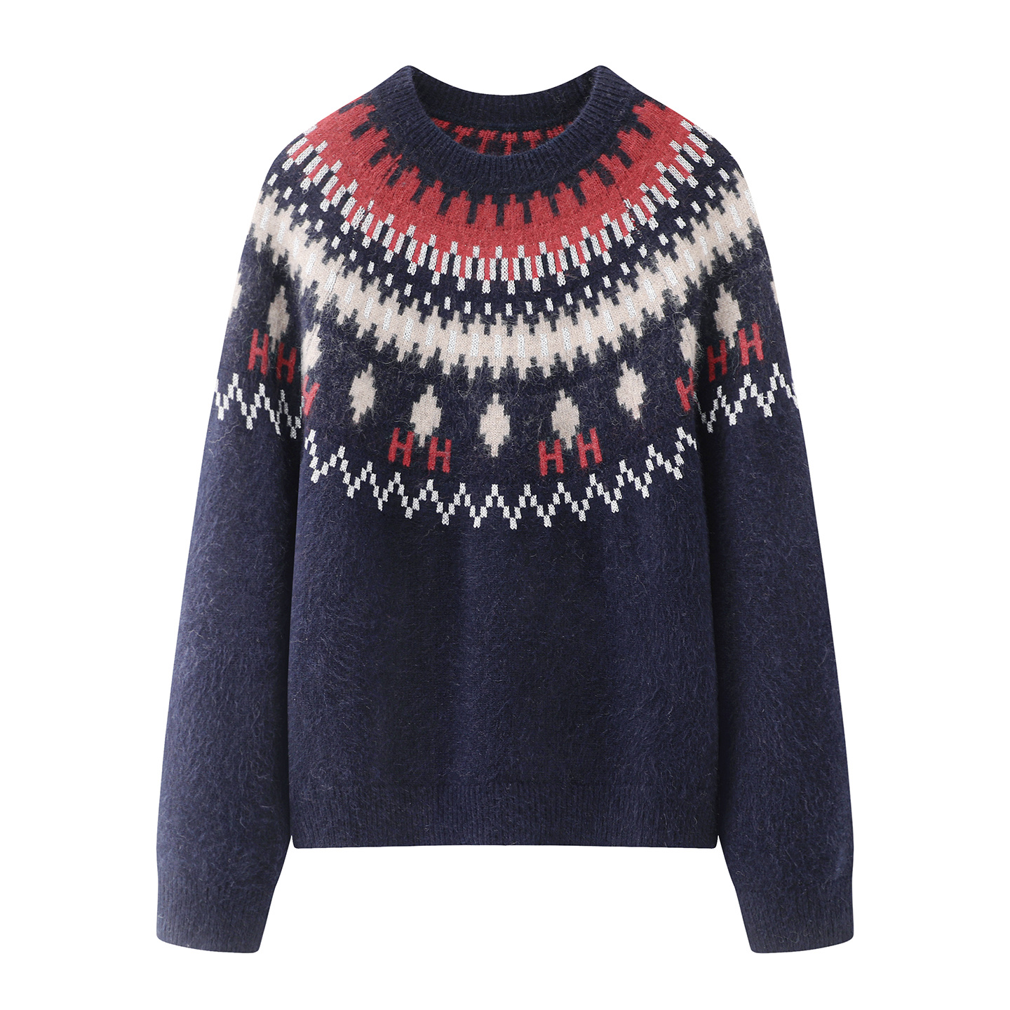 2025冬季设计师款显瘦圆领费尔岛风圆领复古几何图案针织衫毛衣女