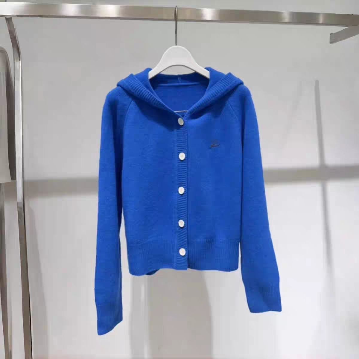 2025冬季设计师款轻奢风小众女装连帽长袖气质针织衫毛衣蓝色上衣