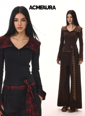 ACMEAURA美式复古连帽假两件长袖T恤女2025年秋冬新款修身上衣