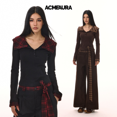 ACMEAURA美式复古连帽假两件长袖T恤女2025年秋冬新款修身上衣